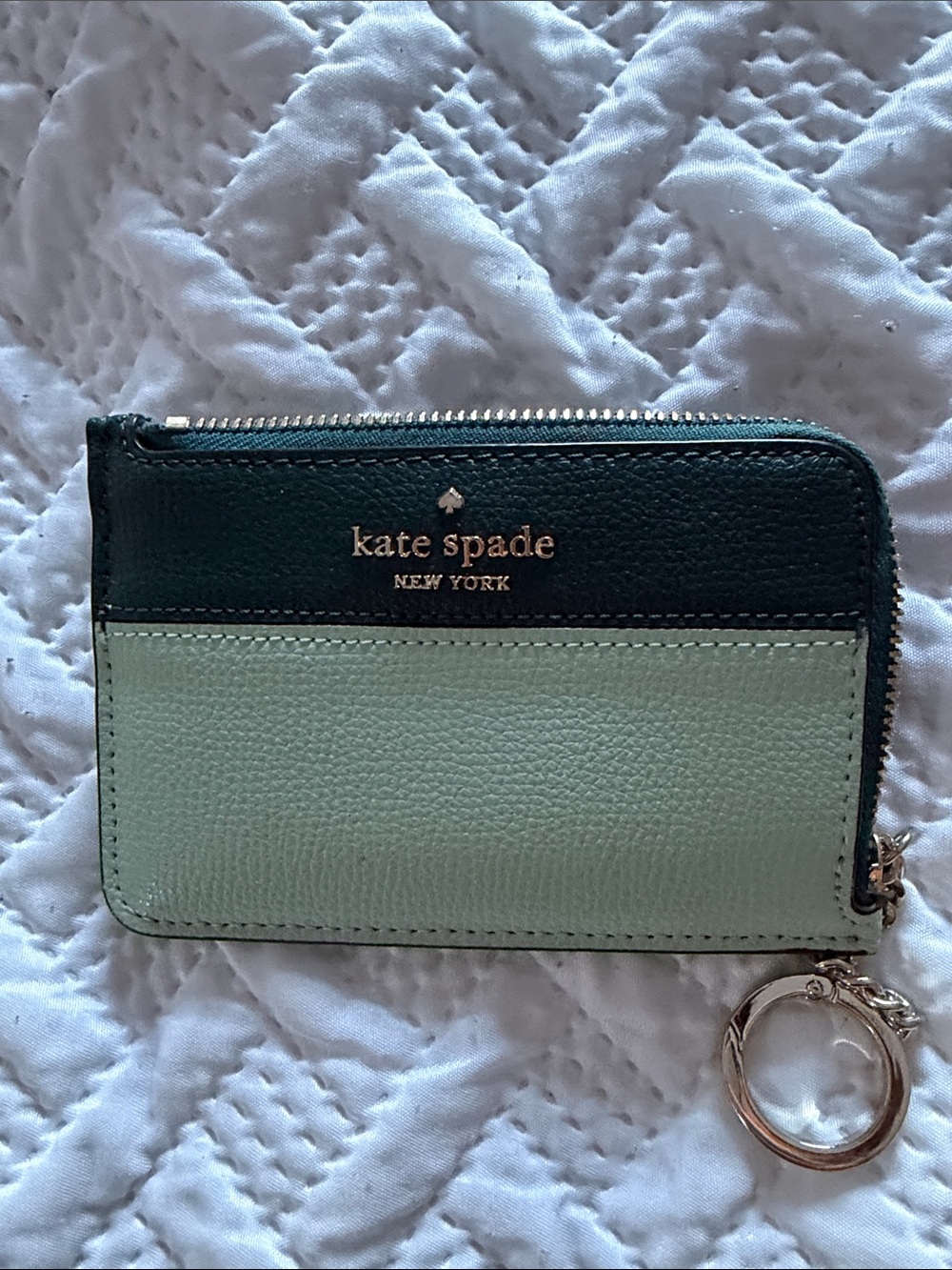 kate spade two-tone black and mint zip card case with keyring